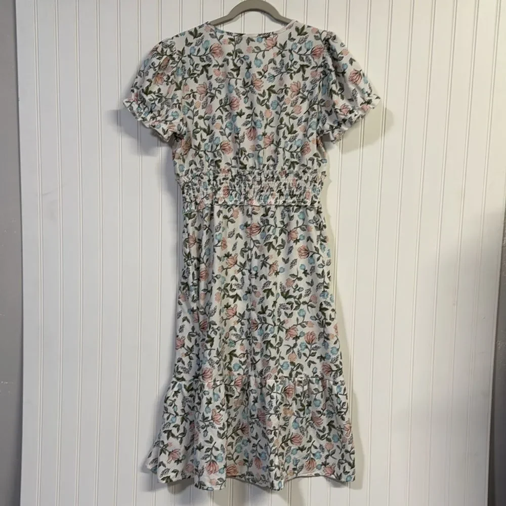 NWT GOGO Time To Bloom Floral White Cap Sleeve Midi Dress Ruched Tiered - Picture 9 of 9